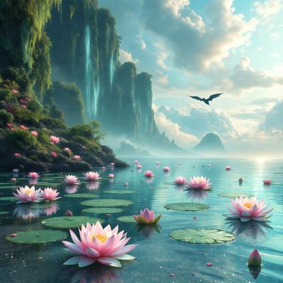 The primary subject of the image is a beautiful water lily floating on the water. The setting is a serene lake with a mountainous background, creating a picturesque scene. The visual style is a combination of photo and digital art, giving the image a unique and artistic appearance. The dominant colors are shades of pink and purple, which contribute to a calming and peaceful mood.